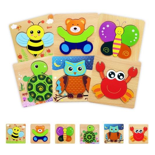 Montessori wooden puzzles for toddlers - Set of 6 Jigsaw Wood Puzzle - Educational Toy for Kids Boys and Girls - Preschool Learning and Developmental Toy - Style A