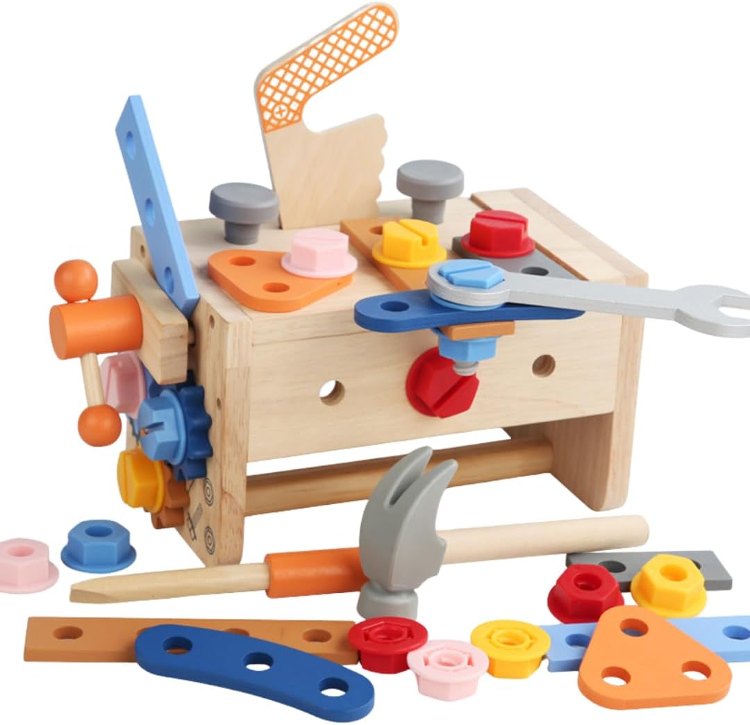 Montessori Wooden Tool Set Toy for Toddlers with Box/Bench, Pretend Play Tool Kit, Educational STEM Construction Set for Kids, Boys and Girls, Sensory Toy