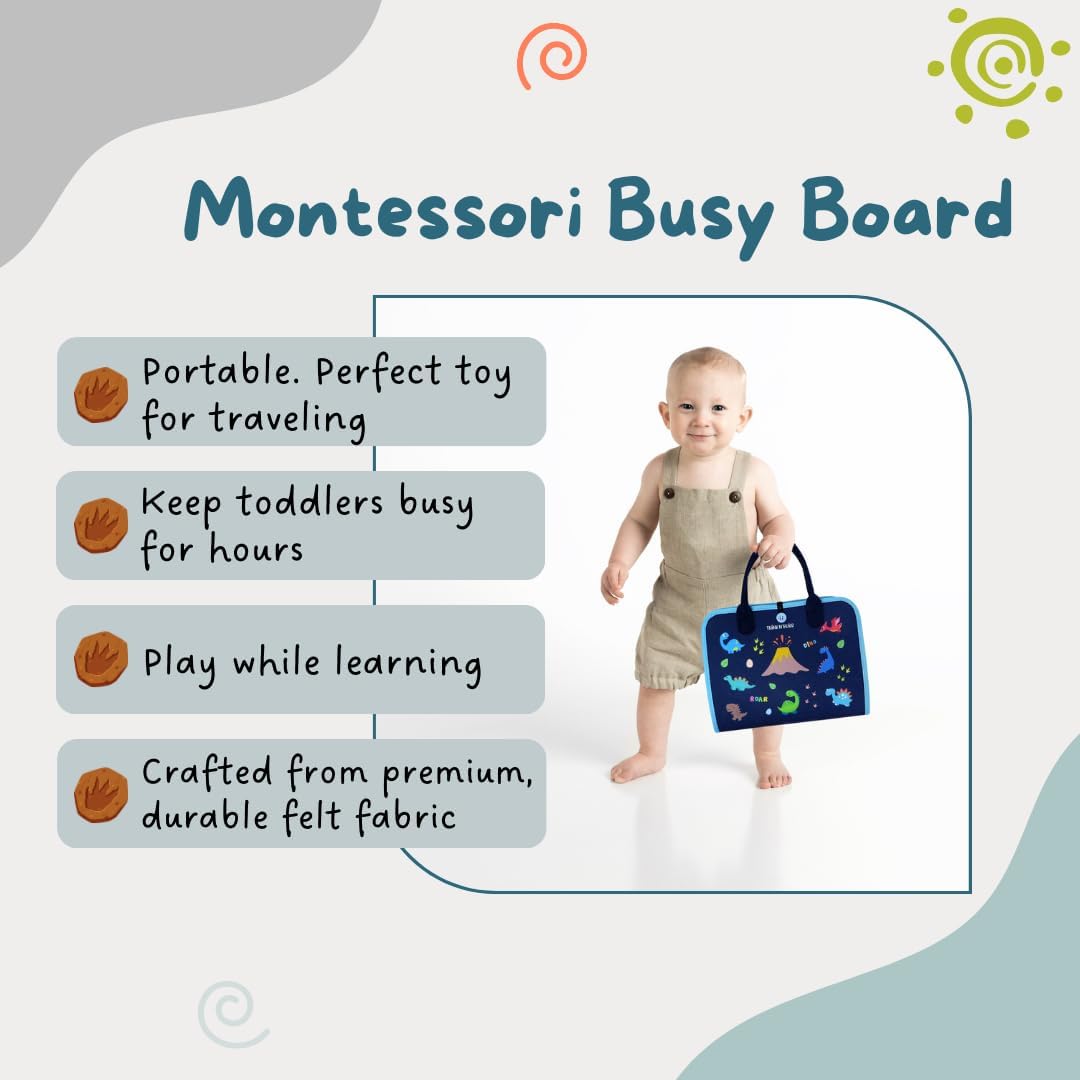 Montessori Felt Busy Board for Toddlers - Interactive Sensory Toy with Multiple Activities, Blue, Dinosaurs, 8 pages