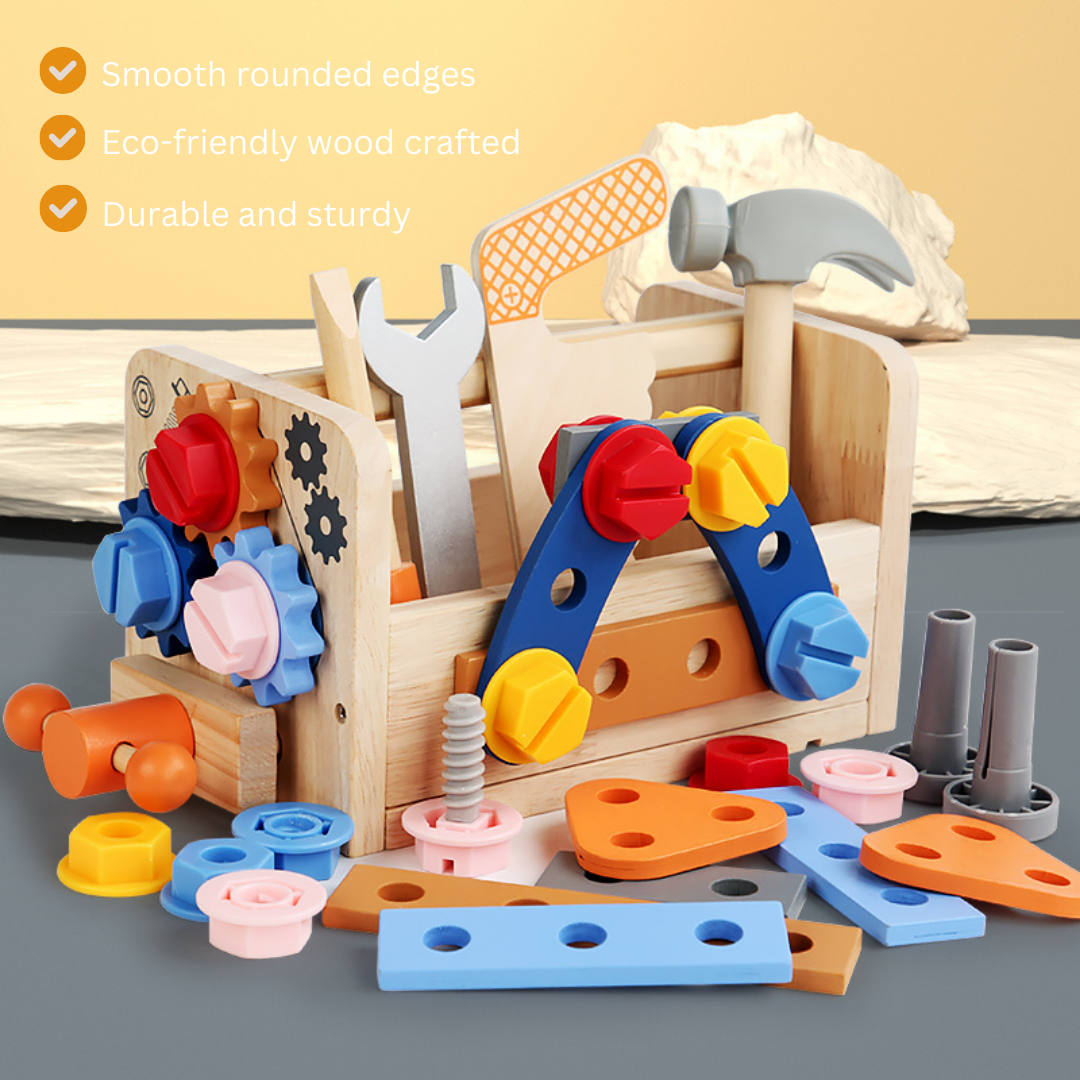 Montessori Wooden Tool Set Toy for Toddlers with Box/Bench, Pretend Play Tool Kit, Educational STEM Construction Set for Kids, Boys and Girls, Sensory Toy