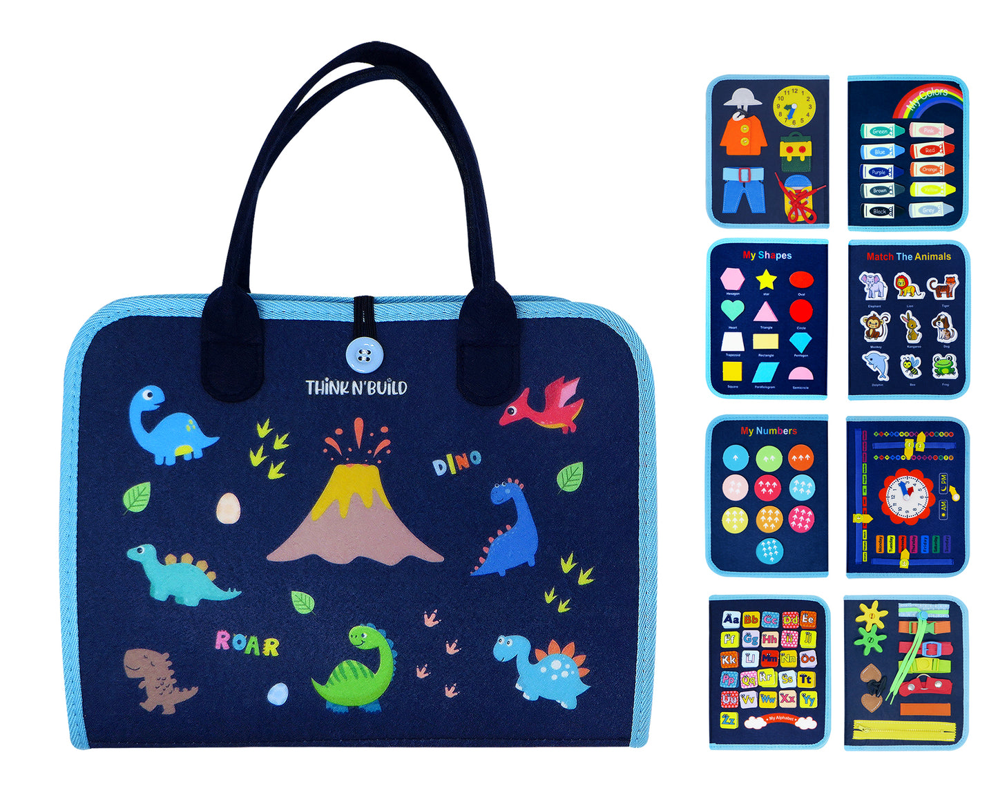 Montessori Felt Busy Board for Toddlers - Interactive Sensory Toy with Multiple Activities, Blue, Dinosaurs, 8 pages